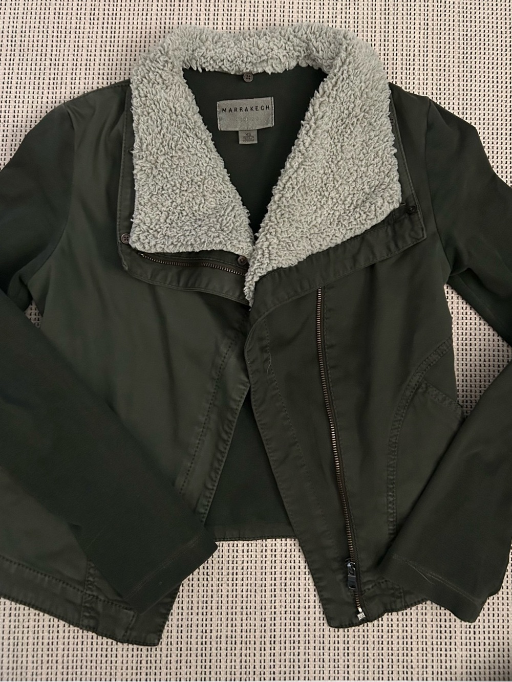 Anthropologie Olive Green Bomber Jacket with Light Gray Sherpa Collar